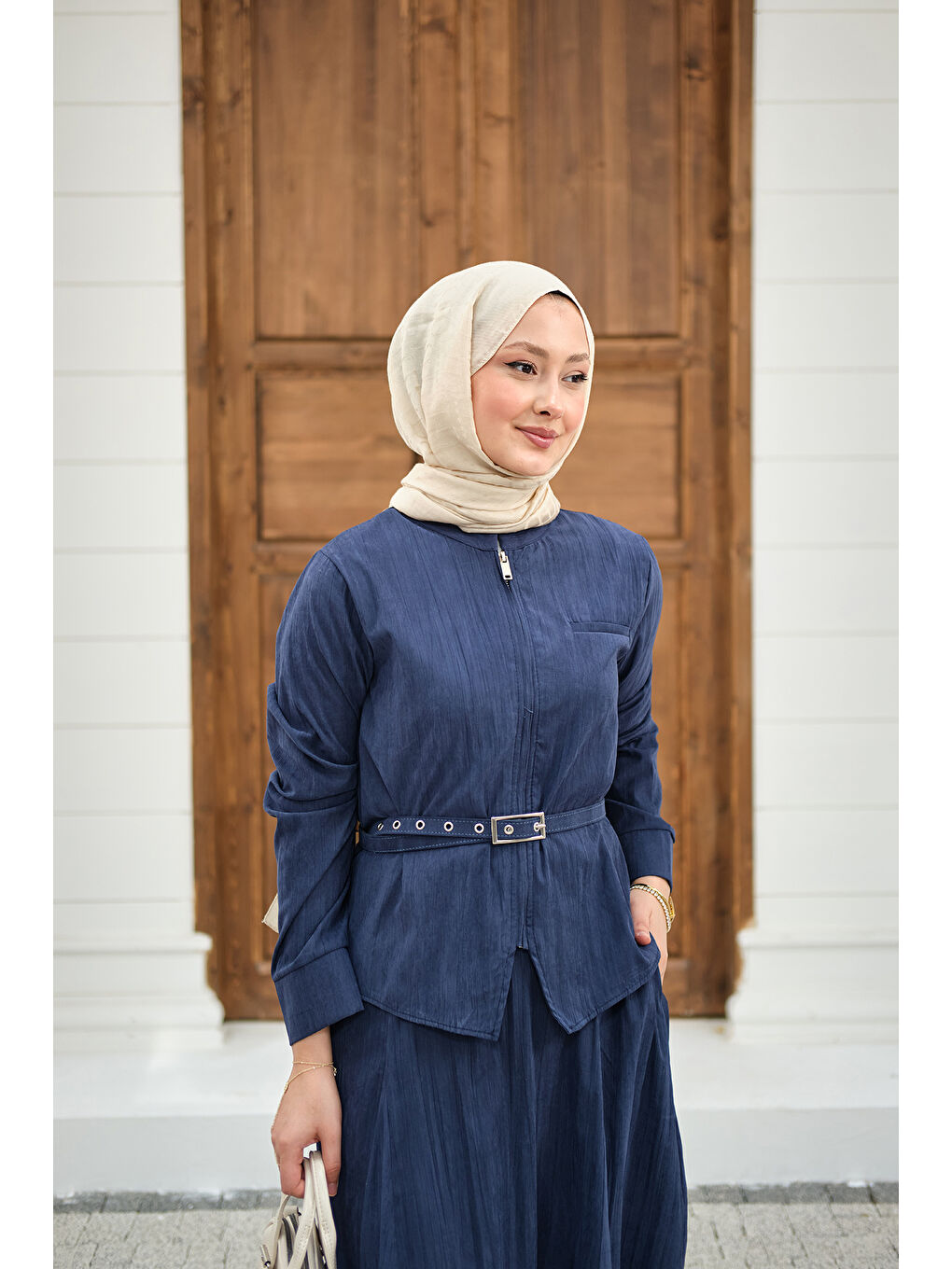 Kadın Fermuarlı Cep Detay Kemer Bağlamalı Etekli Takım Lacivert-2