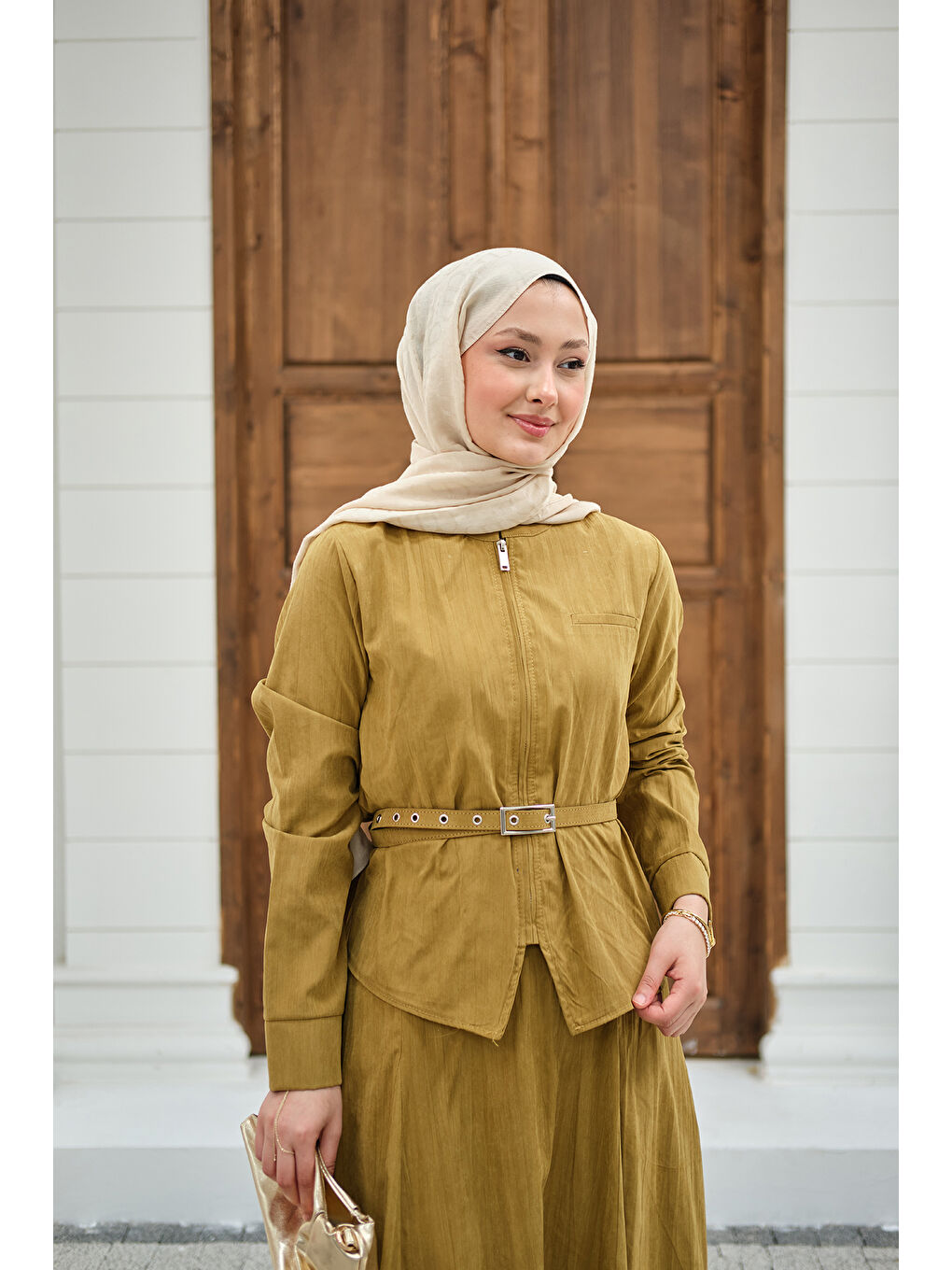 Kadın Fermuarlı Cep Detay Kemer Bağlamalı Etekli Takım Yağ Yeşil-2