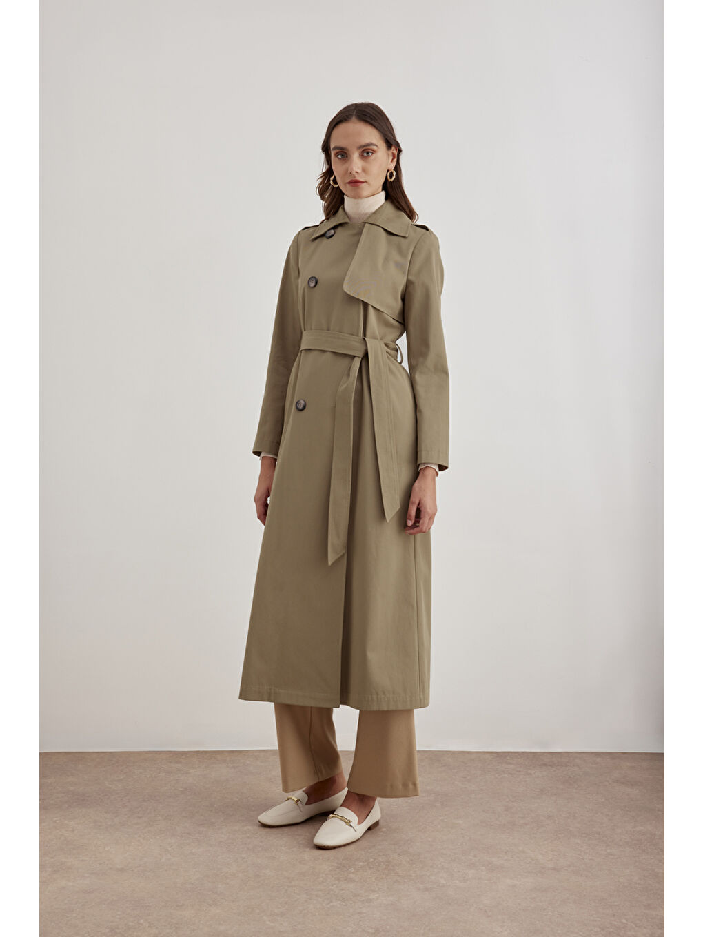 Bej Vizon Kuşaklı Trençkot-2