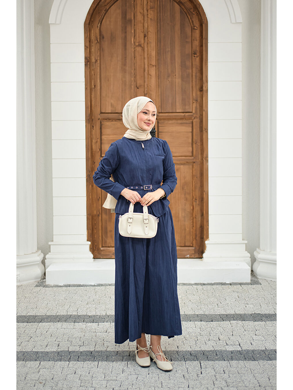 Kadın Fermuarlı Cep Detay Kemer Bağlamalı Etekli Takım Lacivert-3