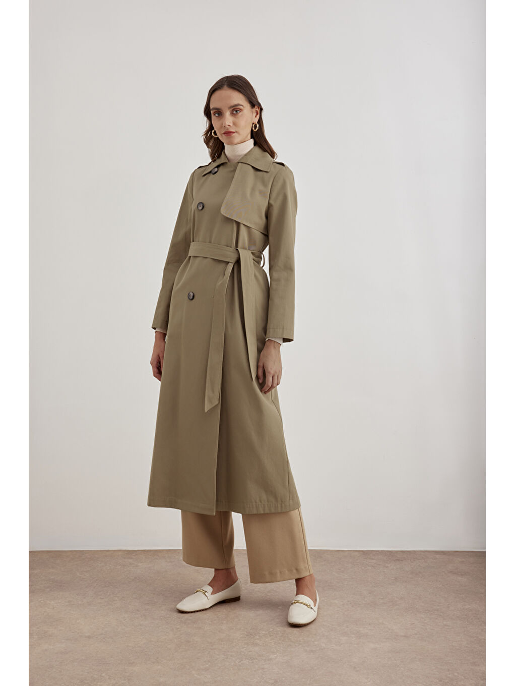 Bej Vizon Kuşaklı Trençkot-3