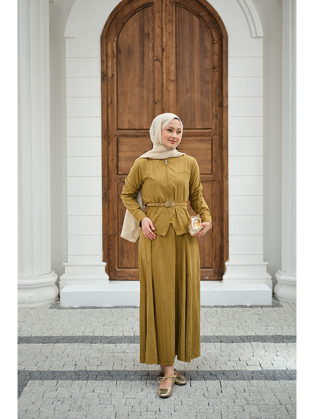 Kadın Fermuarlı Cep Detay Kemer Bağlamalı Etekli Takım Yağ Yeşil-3