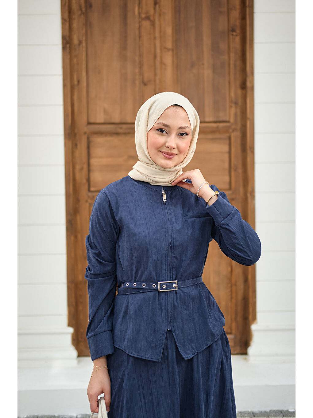 Kadın Fermuarlı Cep Detay Kemer Bağlamalı Etekli Takım Lacivert-4