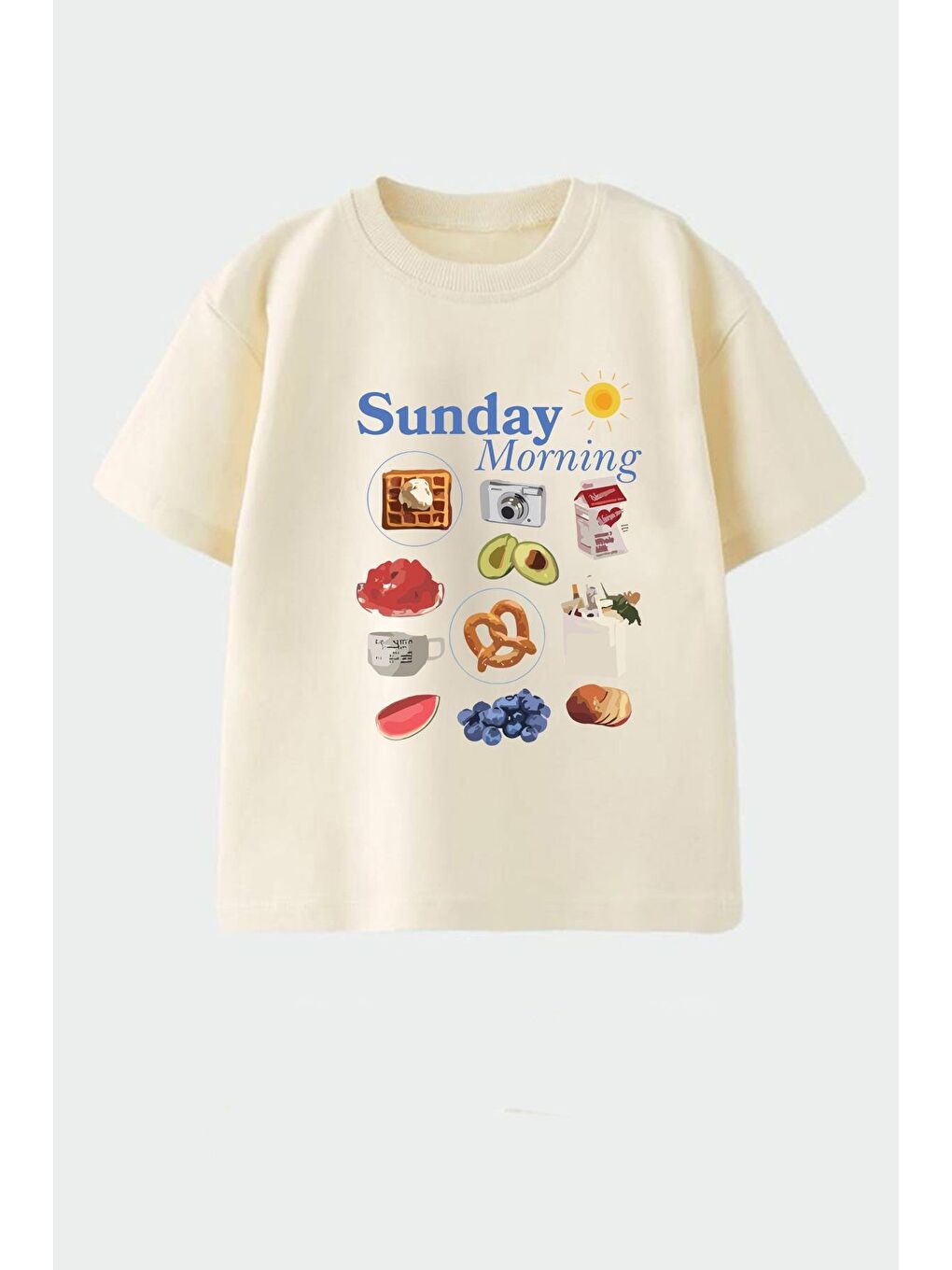 Bej Kız Çocuk Pamuklu Bisiklet Yaka Baskılı T-Shirt