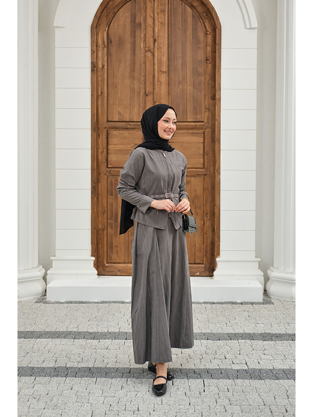 Kadın Fermuarlı Cep Detay Kemer Bağlamalı Etekli Takım Gri-3