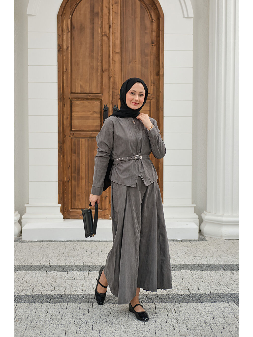Kadın Fermuarlı Cep Detay Kemer Bağlamalı Etekli Takım Gri-4