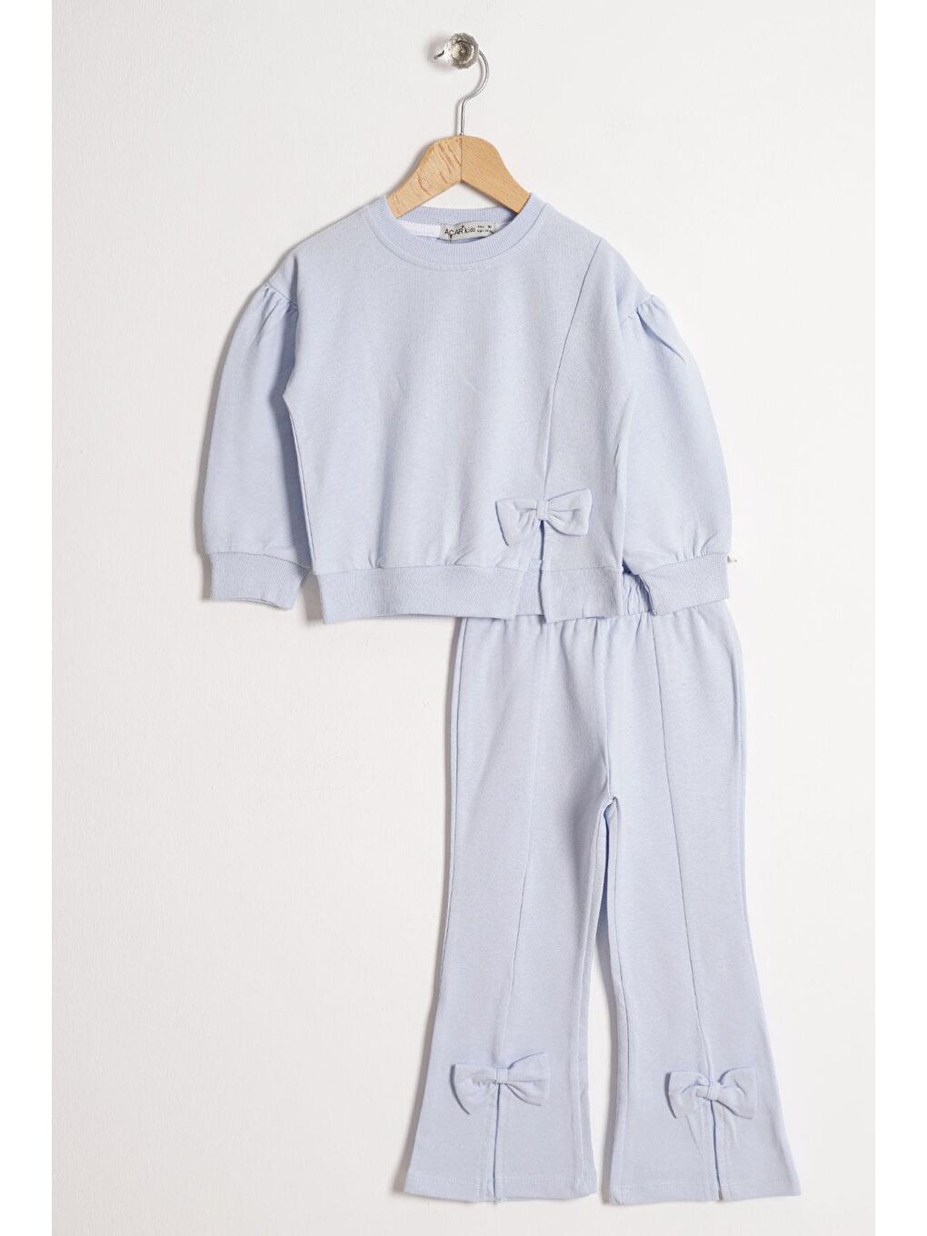 Fiyonk Detaylı Ispanyol Paça Açık Mavi Renk Kız Çocuk Pantolonlu Takım