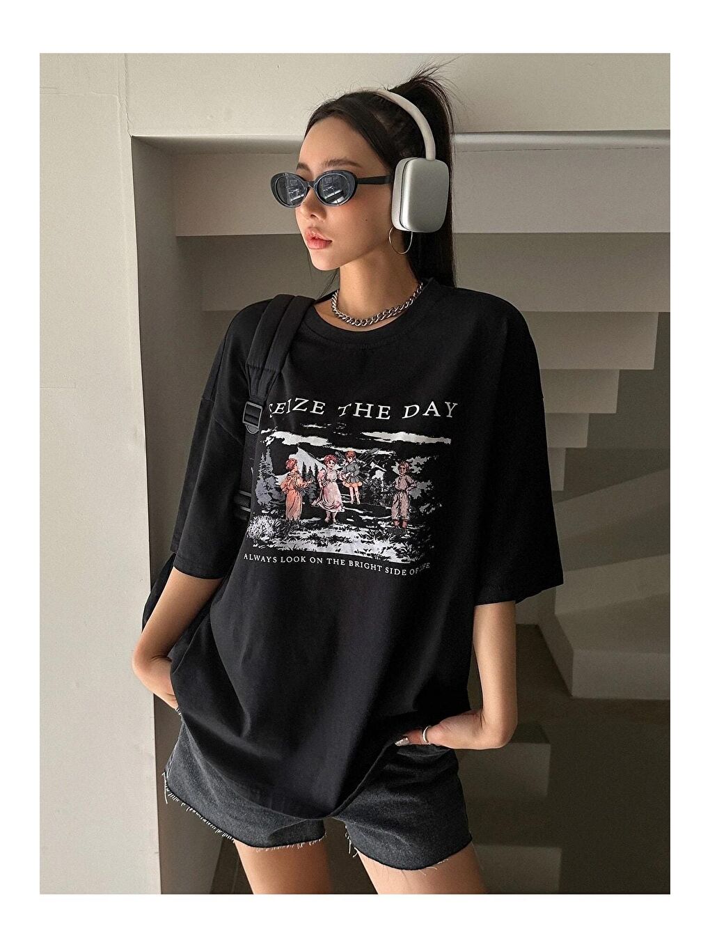 Trendseninle Siyah Kadın Siyah Seize The Day Baskılı Oversize Tişört