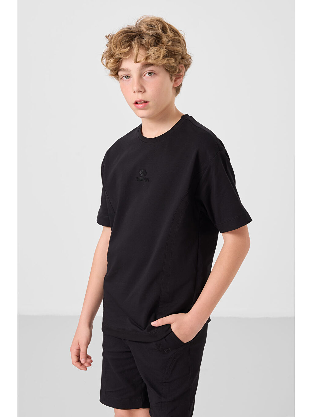 Siyah Pamuklu Oversize Fit Dokuma Hafif Esnek Chino Erkek Çocuk Şort Takım - 11276-3