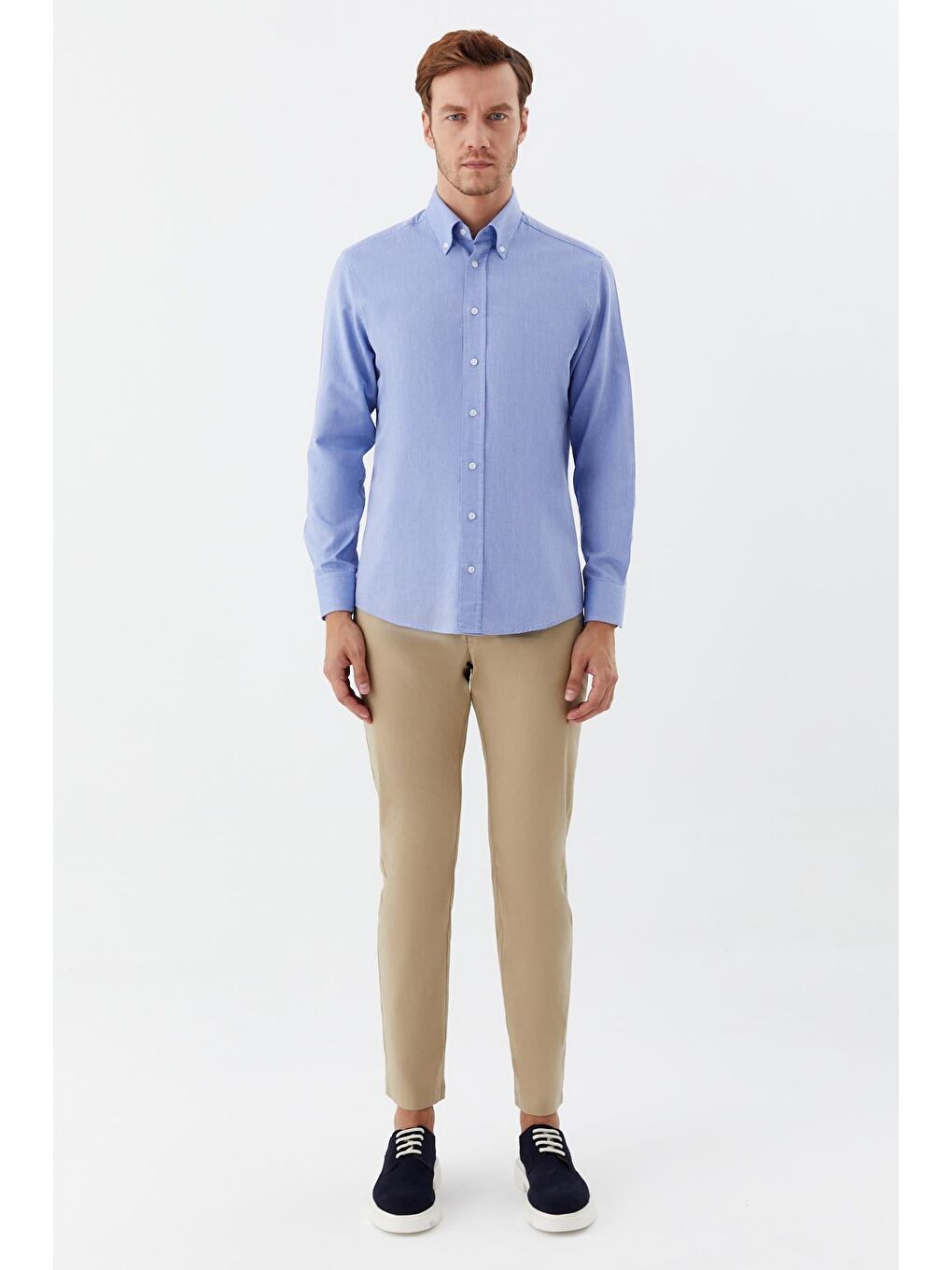 Düğmeli Yaka Erkek Gömlek Koyu Mavi-1