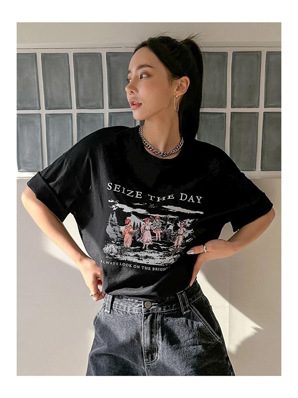 Trendseninle Siyah Kadın Siyah Seize The Day Baskılı Oversize Tişört - 2