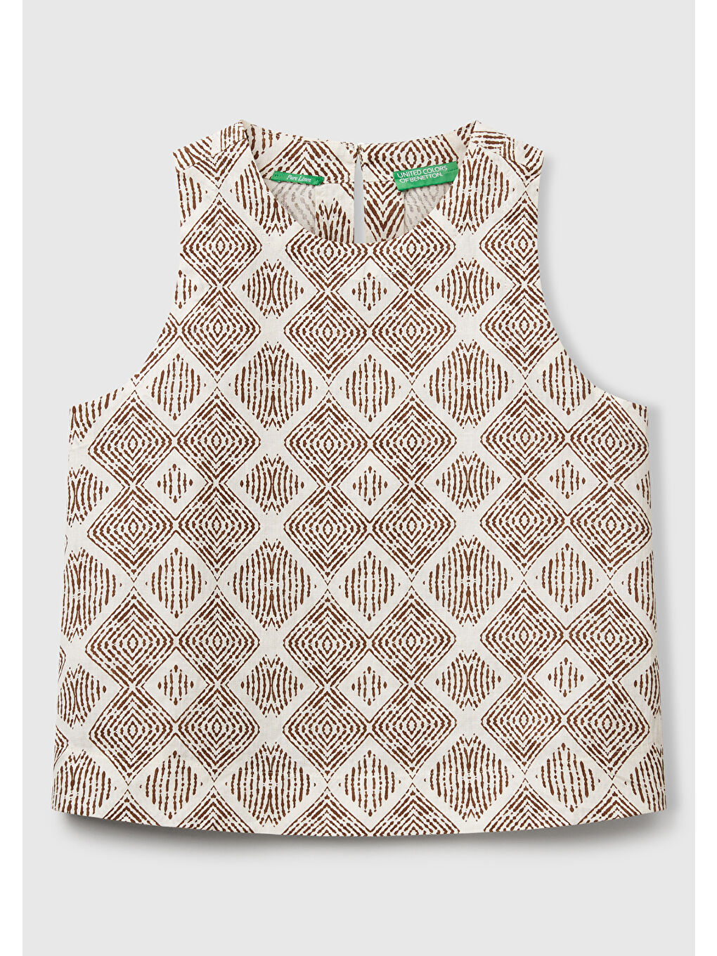 Kadın Beyaz Mix %100 Keten Desenli Kolsuz Bluz-1