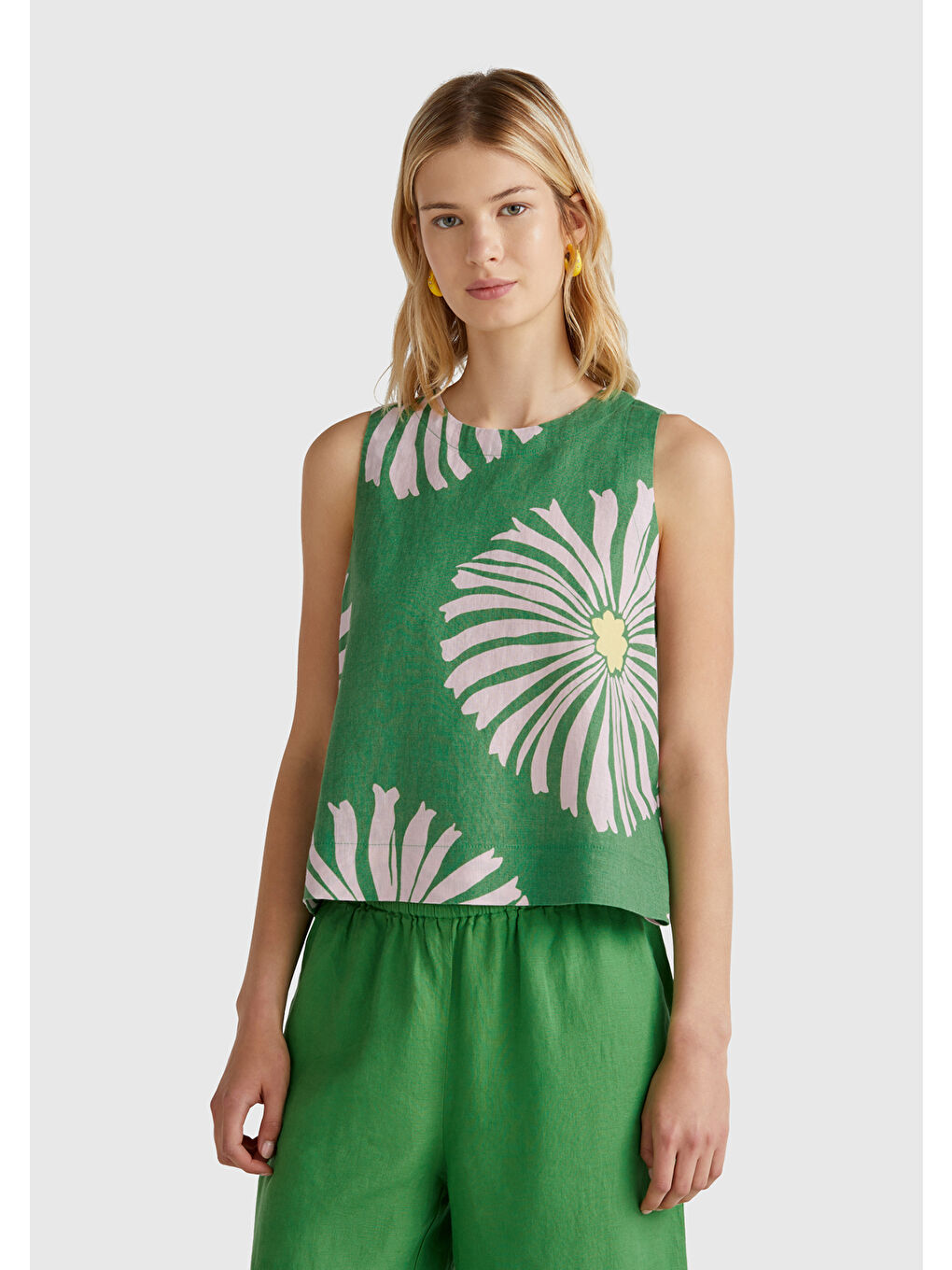 Kadın Yeşil %100 Keten Desenli Kolsuz Bluz