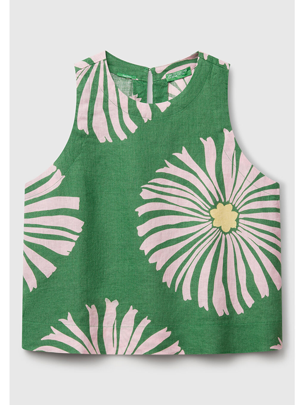 Kadın Yeşil %100 Keten Desenli Kolsuz Bluz-1