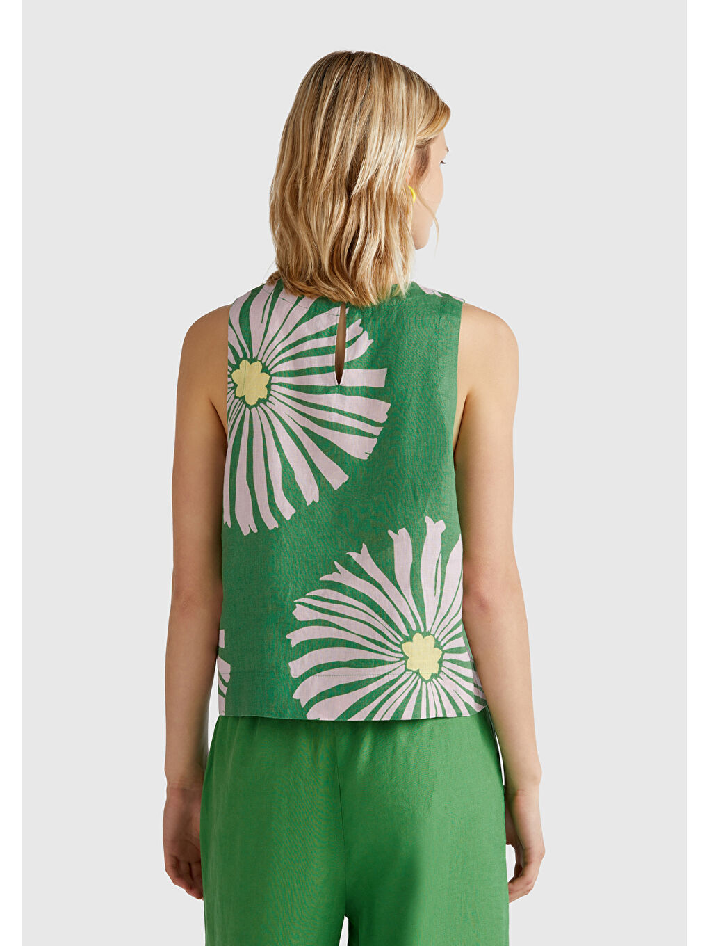 Kadın Yeşil %100 Keten Desenli Kolsuz Bluz-2