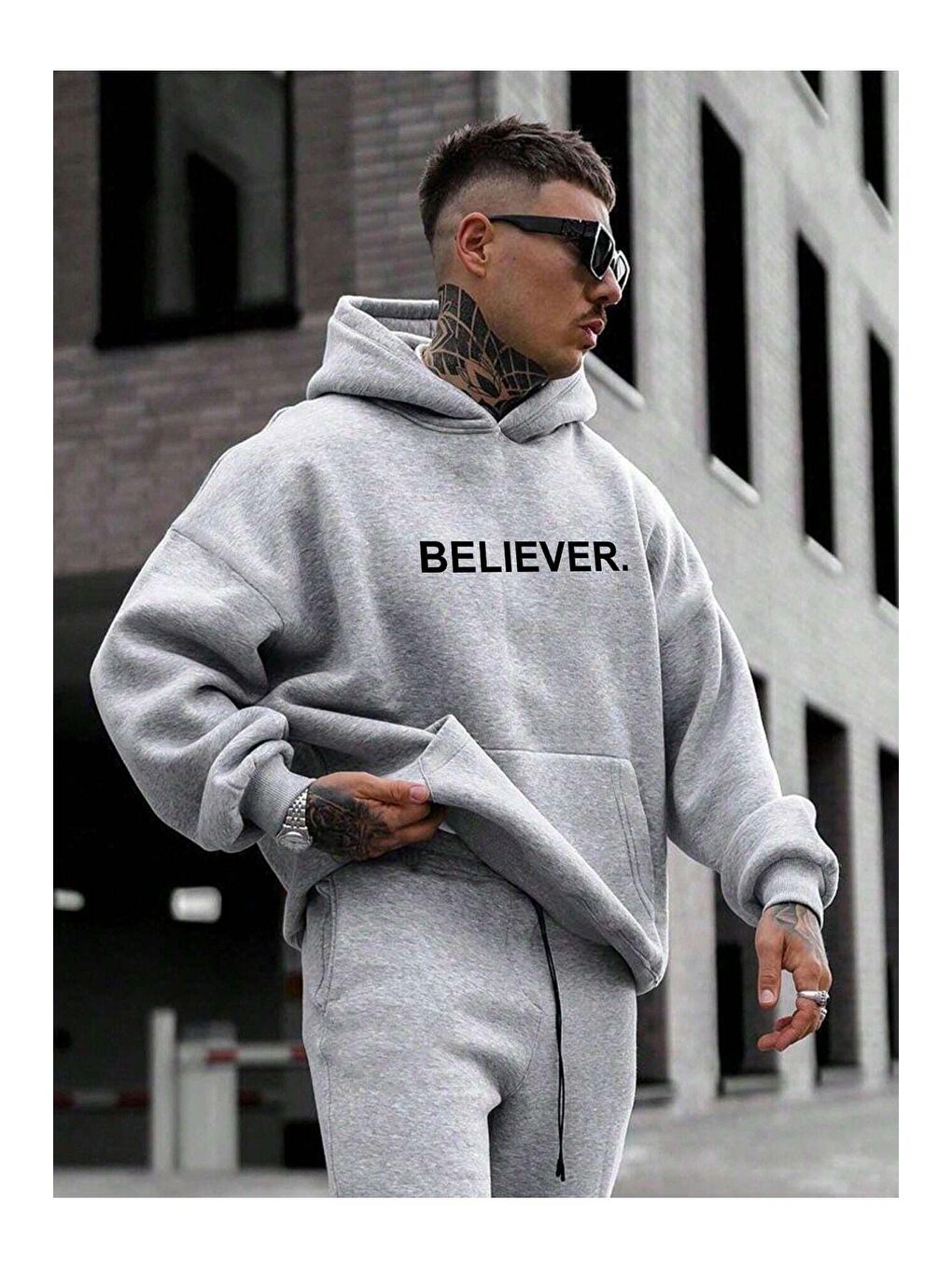 Trendseninle Gri Erkek Gri Believer. Baskılı Oversize Kapüşonlu Sweatshirt - 2