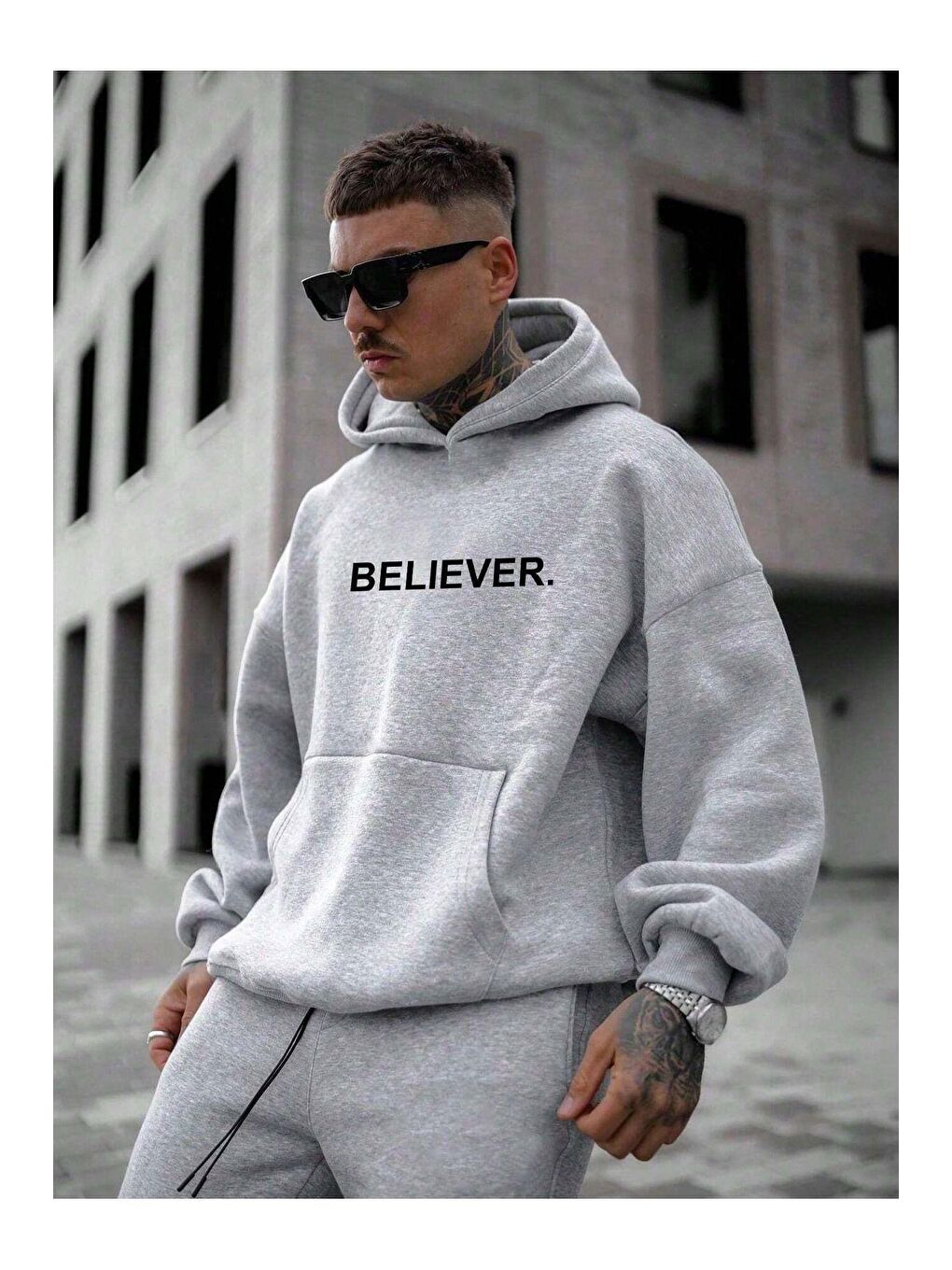 Trendseninle Gri Erkek Gri Believer. Baskılı Oversize Kapüşonlu Sweatshirt - 4