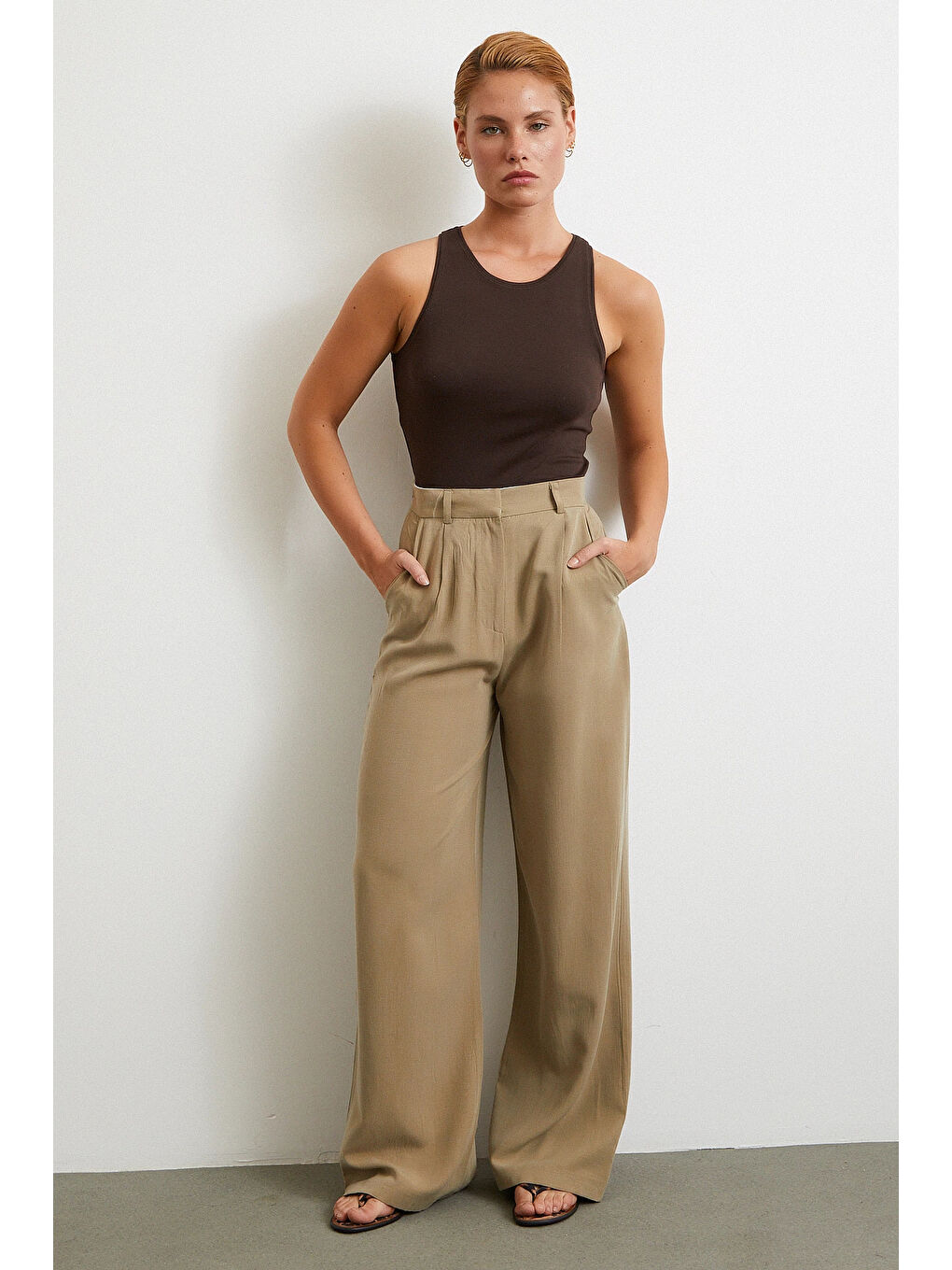 Keten Palazzo Pantolon Haki-1