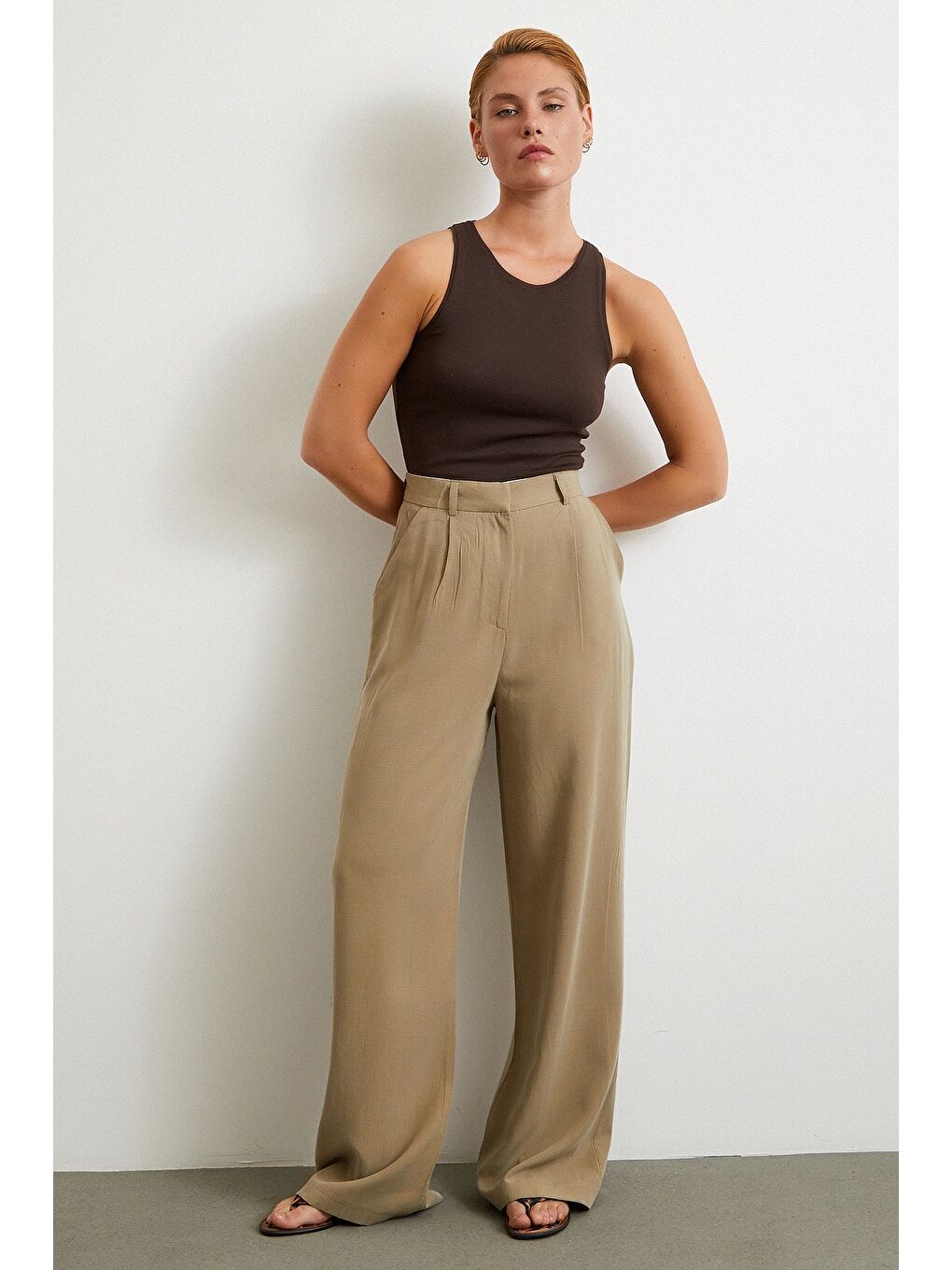 Keten Palazzo Pantolon Haki-2