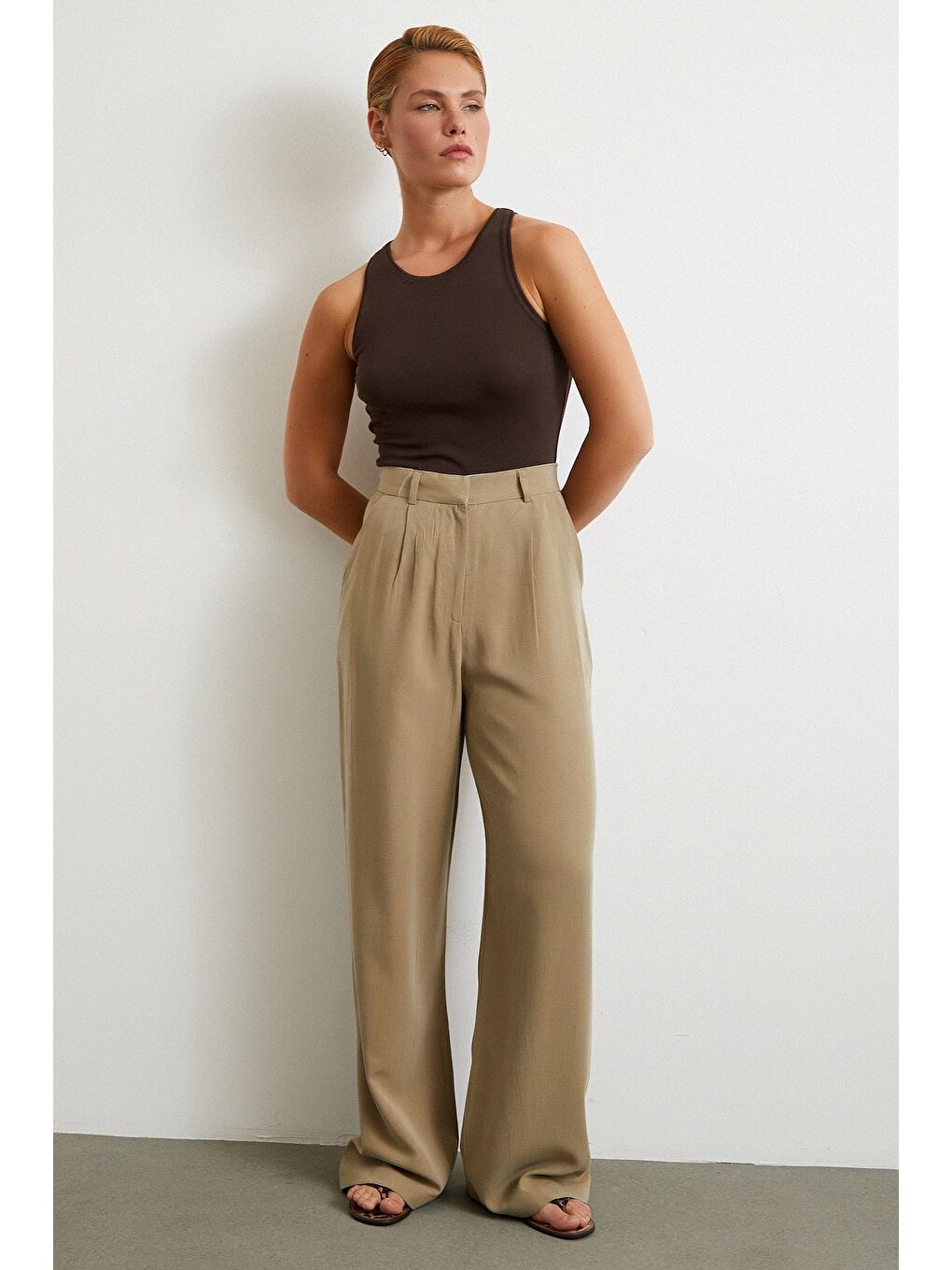Keten Palazzo Pantolon Haki-3