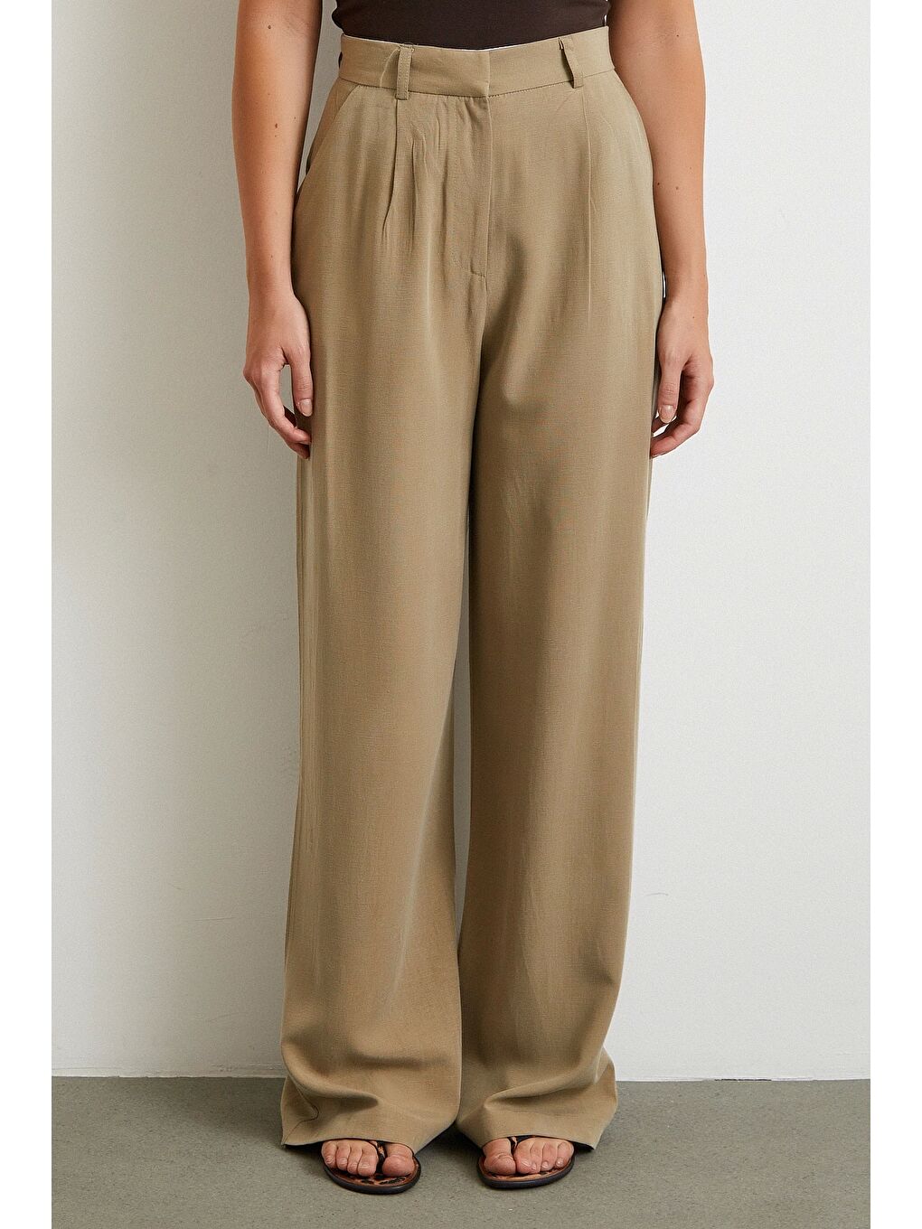Keten Palazzo Pantolon Haki-4