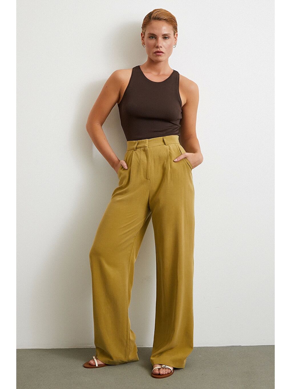 Karışık Keten Palazzo Pantolon Olive