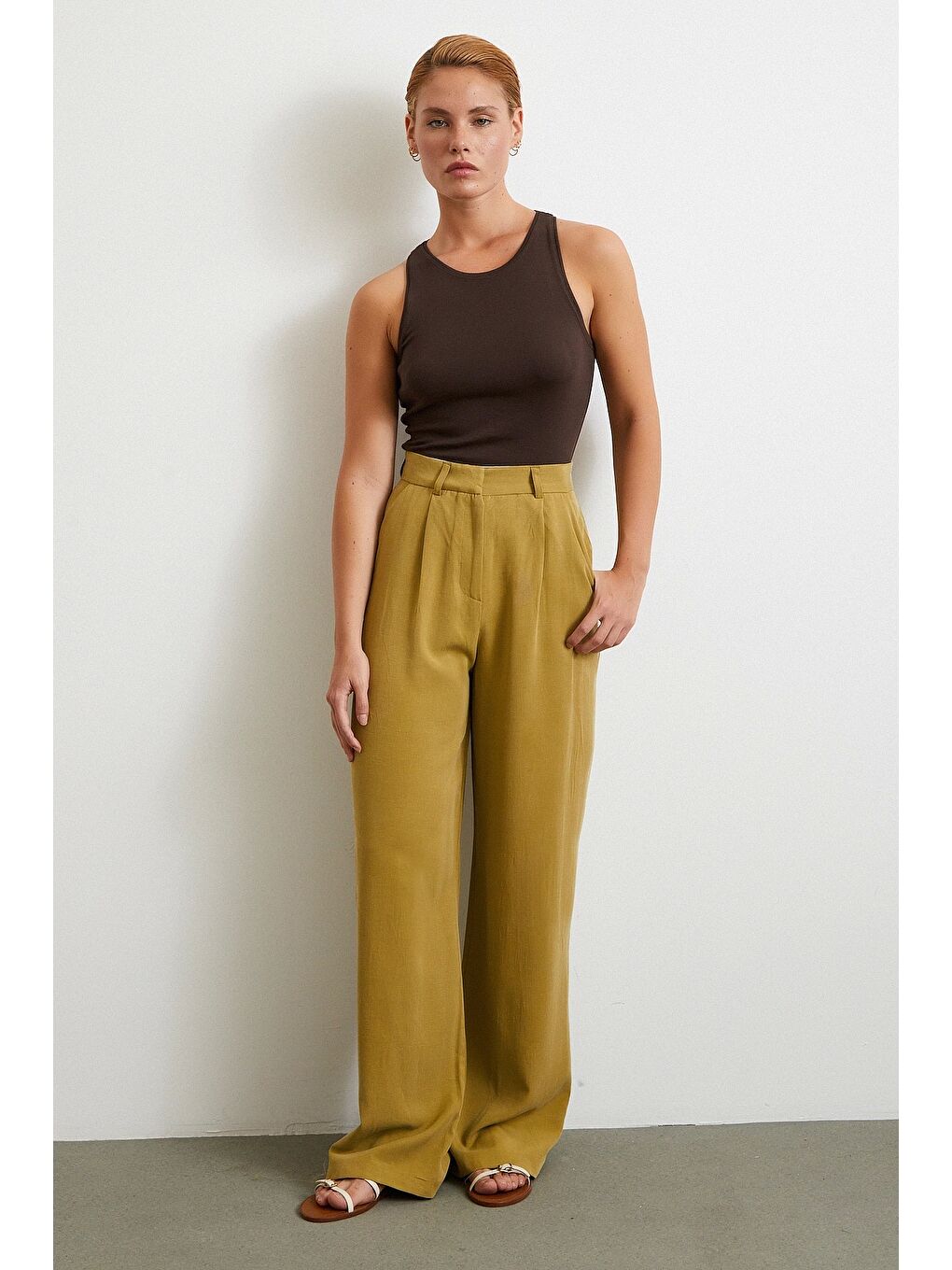 Karışık Keten Palazzo Pantolon Olive-1