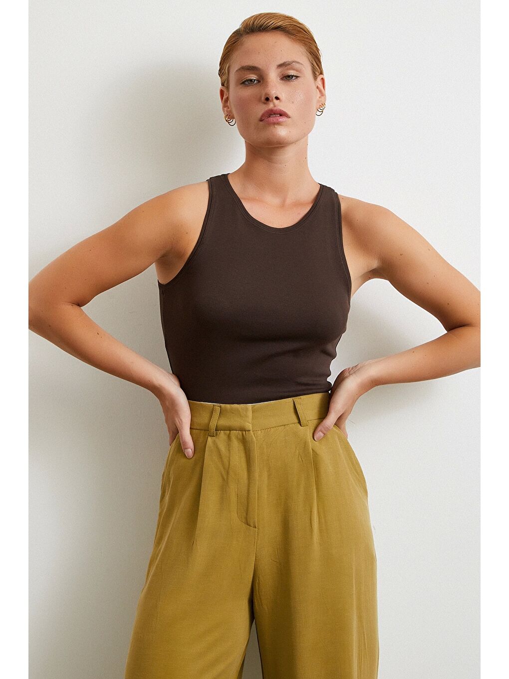 Karışık Keten Palazzo Pantolon Olive-2