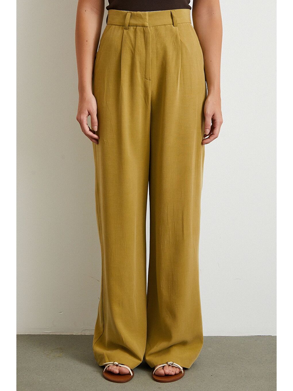 Karışık Keten Palazzo Pantolon Olive-3