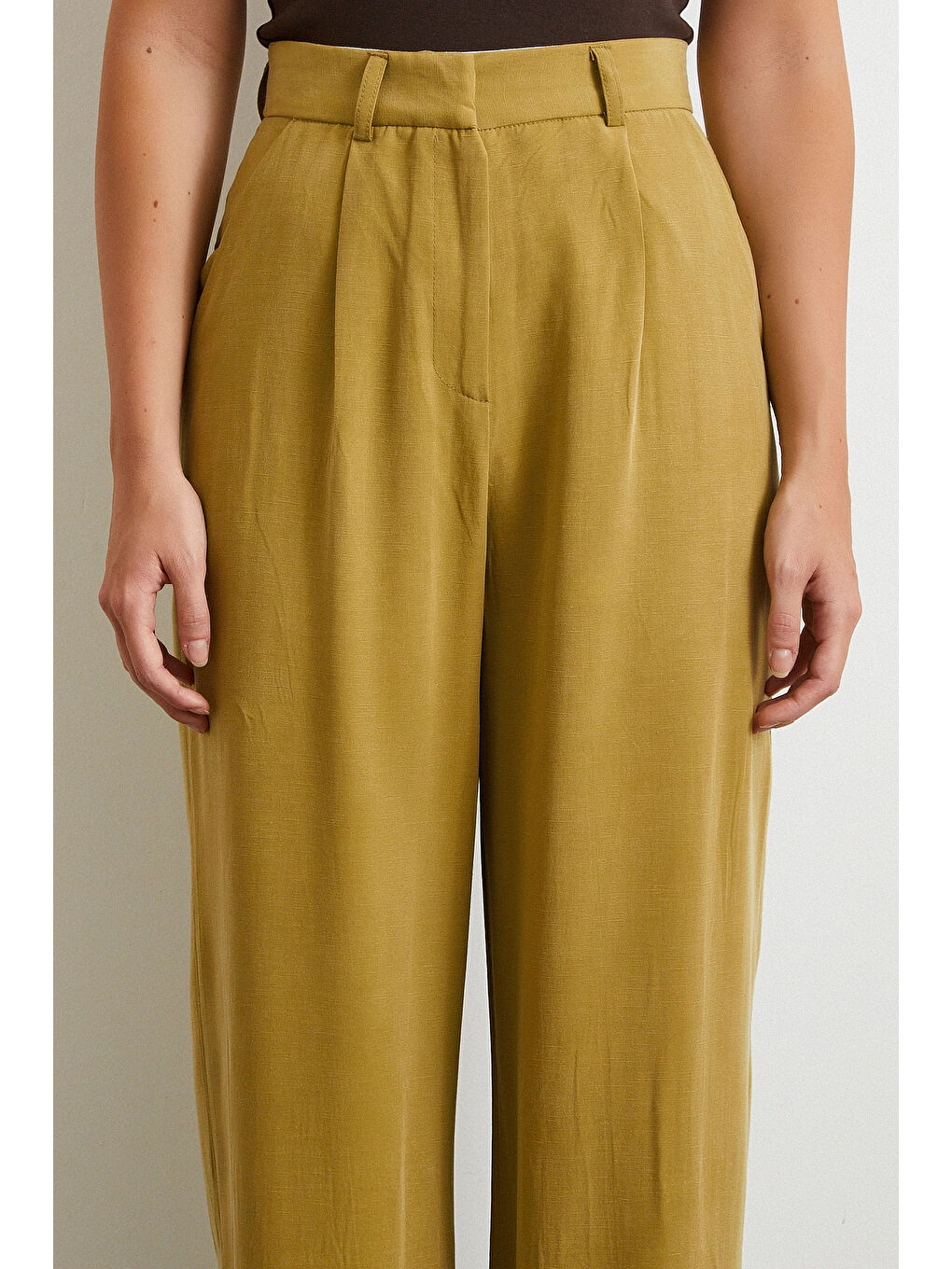 Karışık Keten Palazzo Pantolon Olive-4