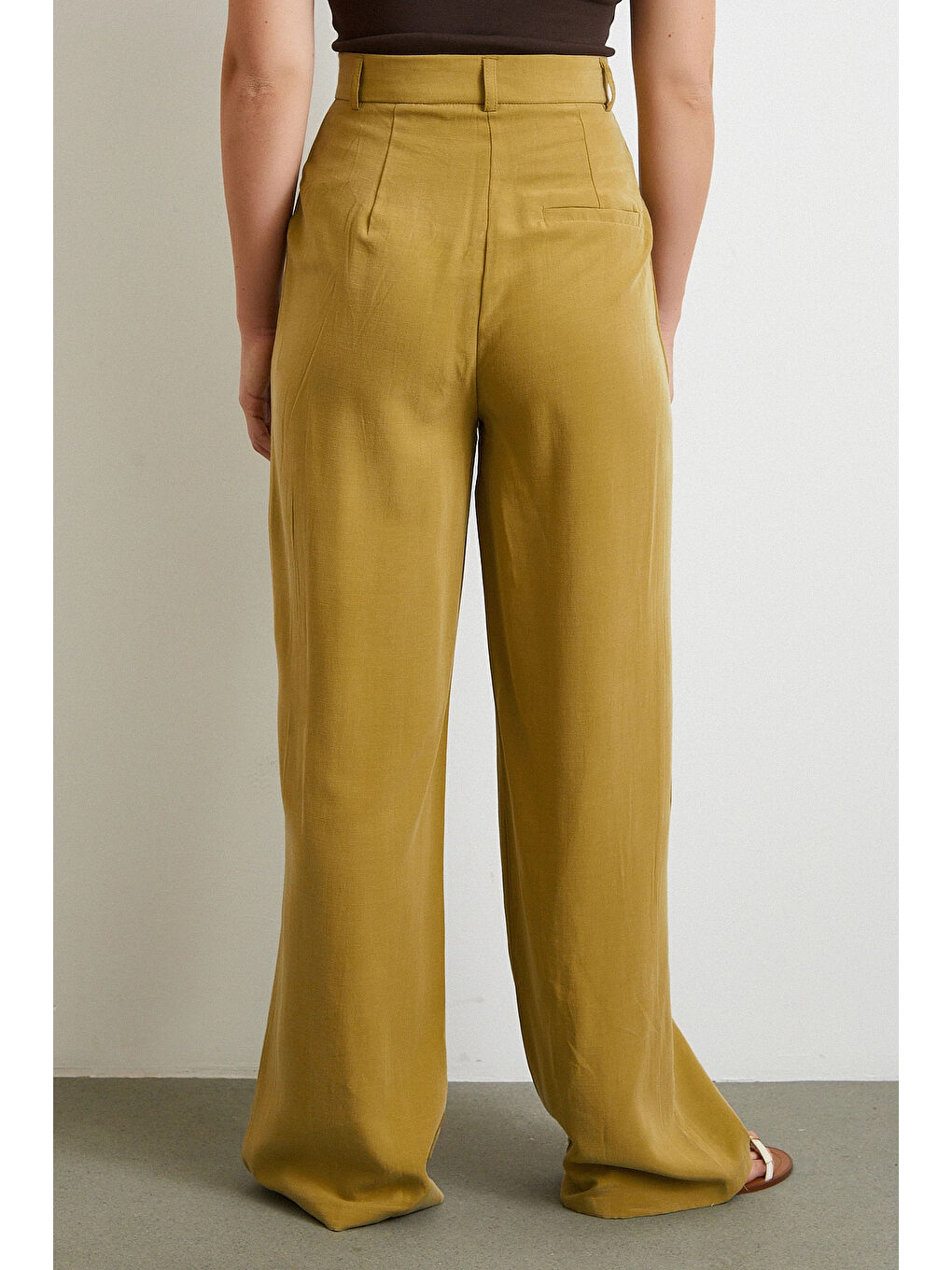 Karışık Keten Palazzo Pantolon Olive-5