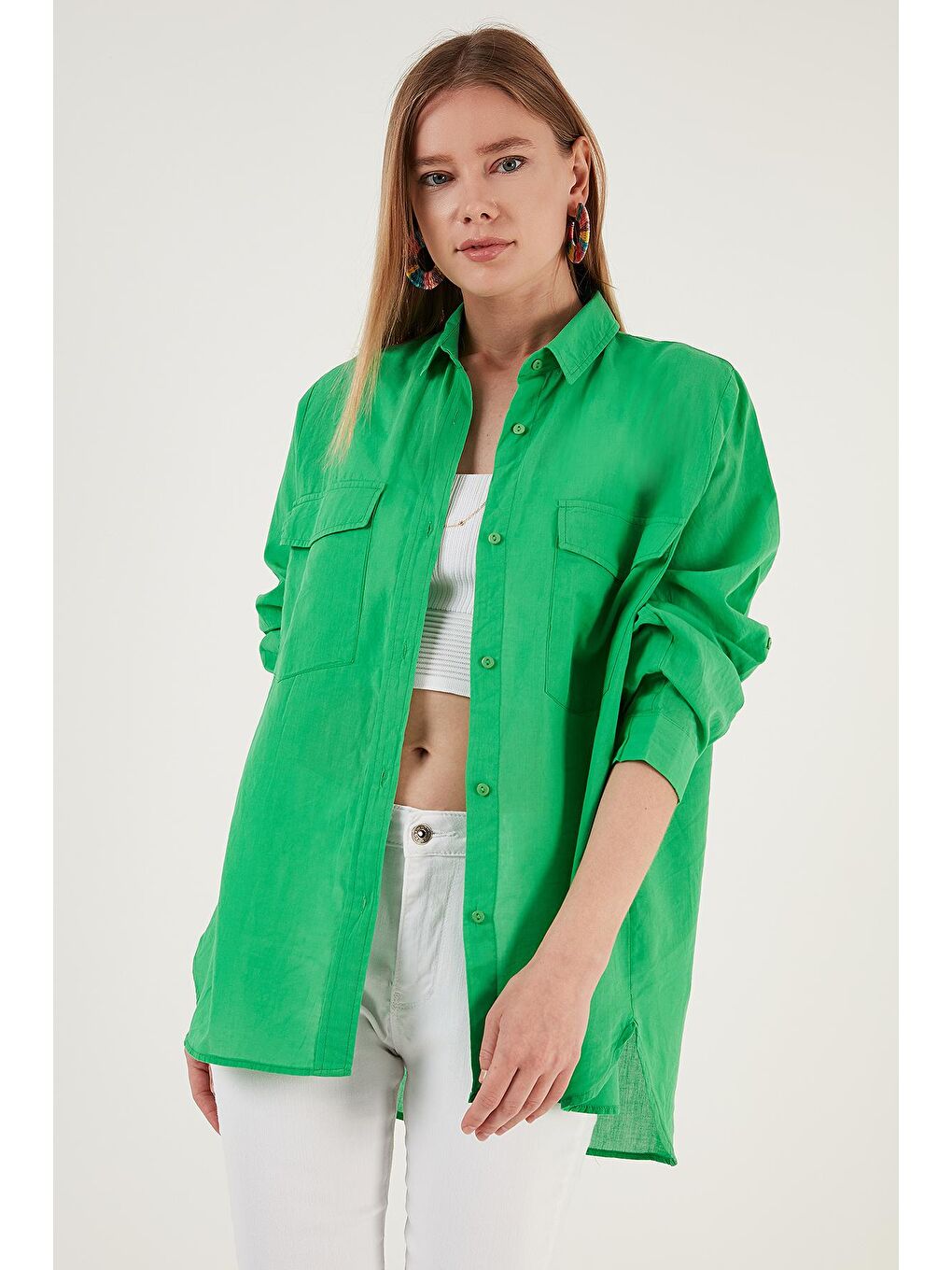 Yeşil Çift Cepli Keten Görünümlü % 100 Pamuk Oversize Gömlek 514407112-1