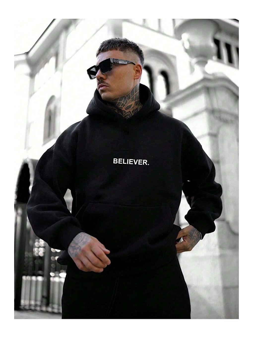 Trendseninle Siyah Erkek Siyah Believer. Baskılı Oversize Kapüşonlu Sweatshirt