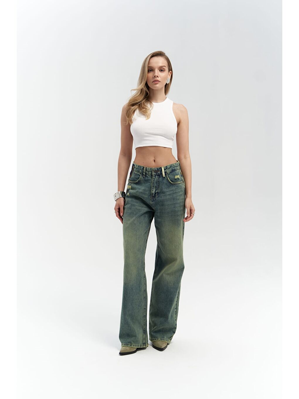 Blair Yıkamalı Yeşil Jean Pantolon-1