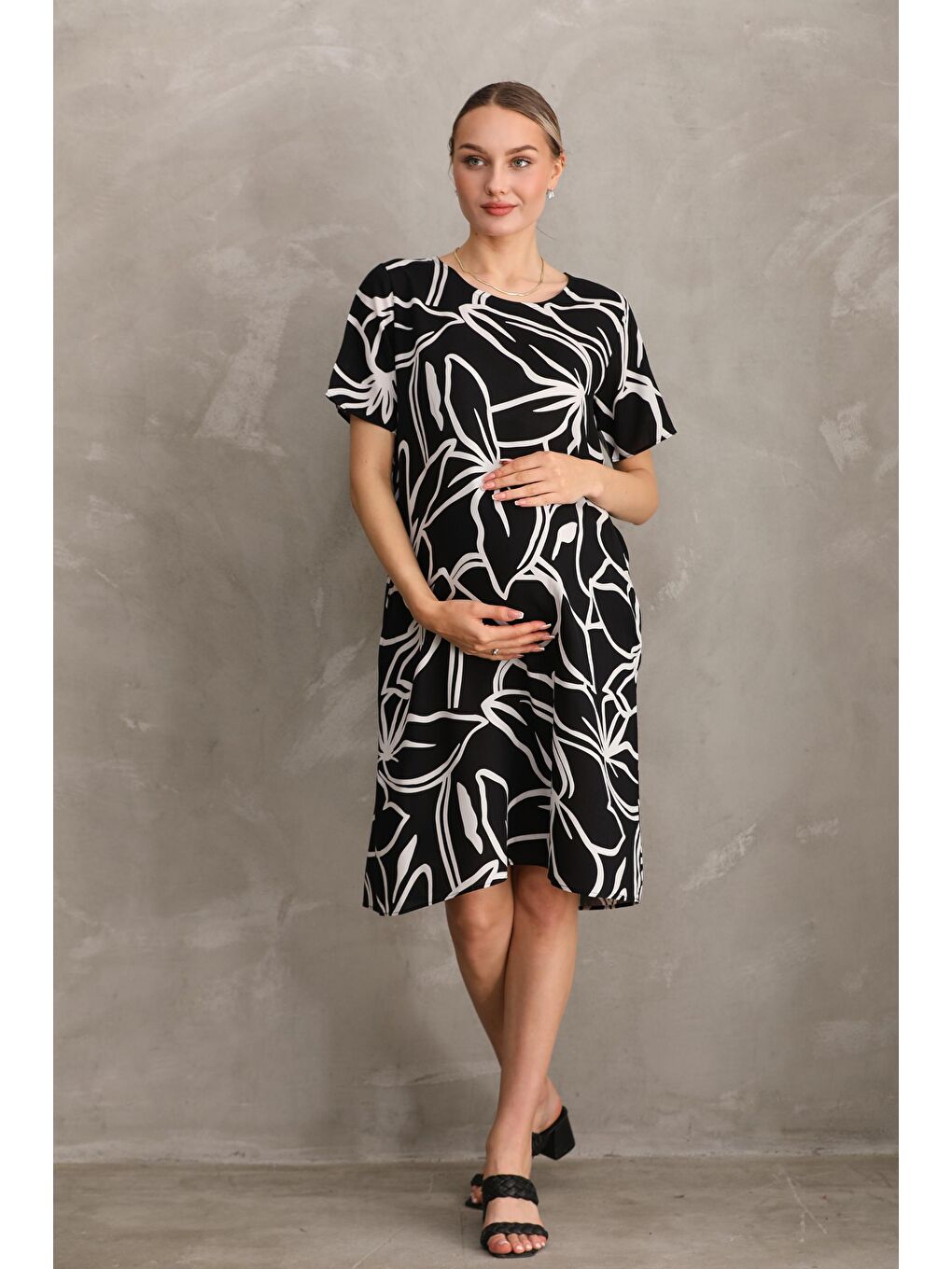 Siyah Hamile Baskılı Midi Kısa Kol Yandan Cepli Elbise-5