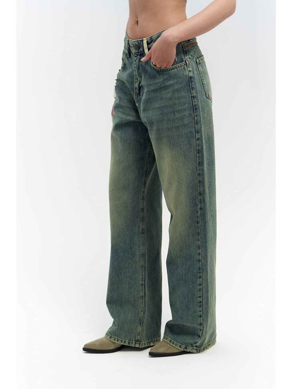 Blair Yıkamalı Yeşil Jean Pantolon-3