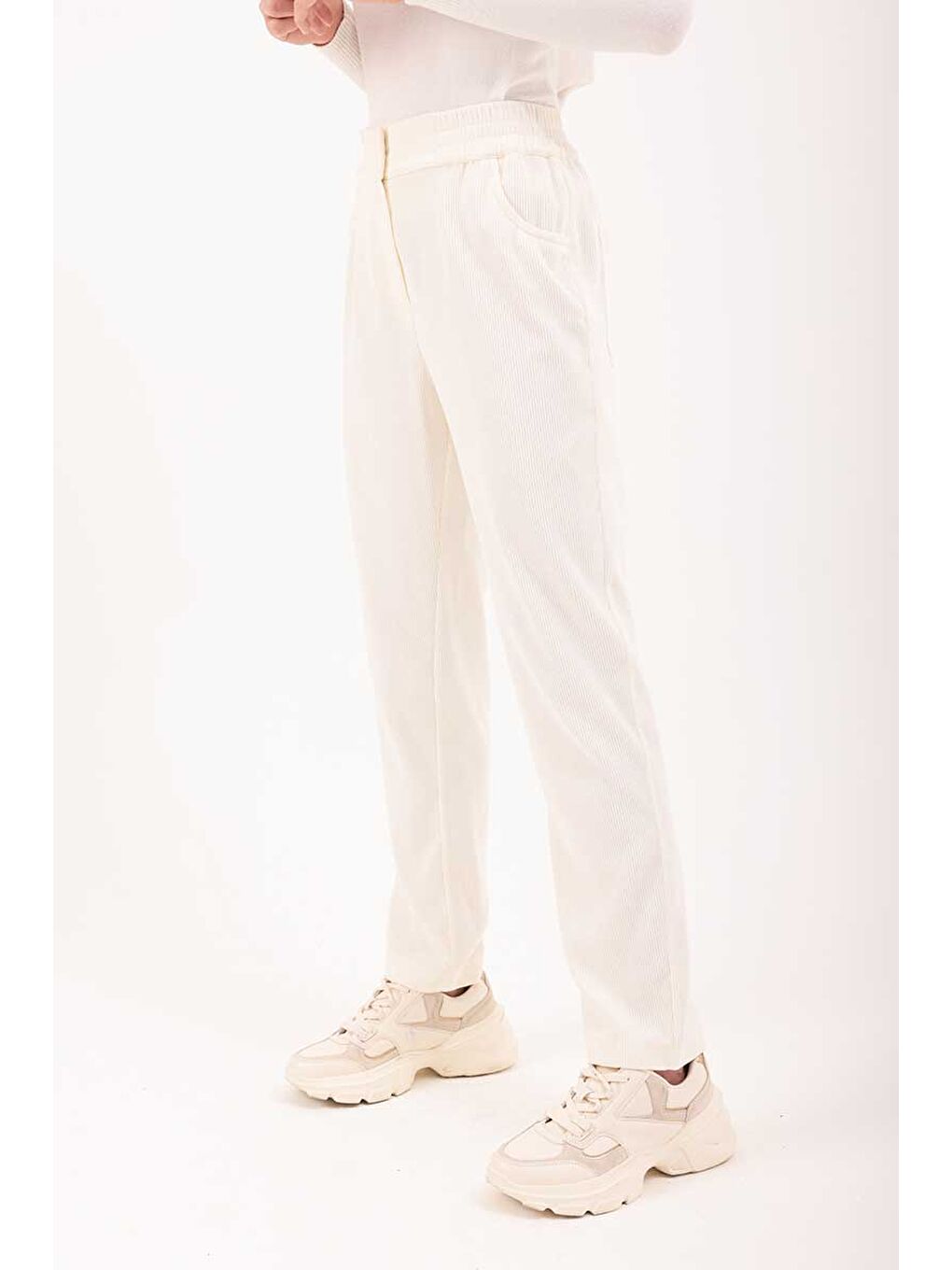 Ekru Beli Lastikli Pantolon-2