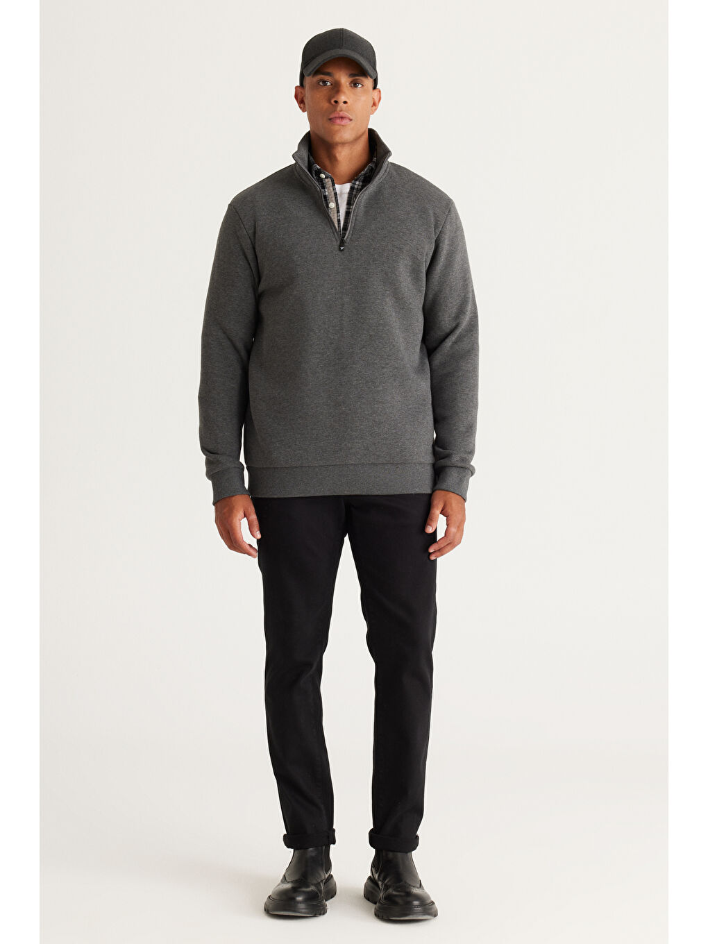 Erkek Antrasit-Melanj Standart Fit Normal Kesim İçi Polarlı Bato Yaka Pamuklu Sweatshirt-1