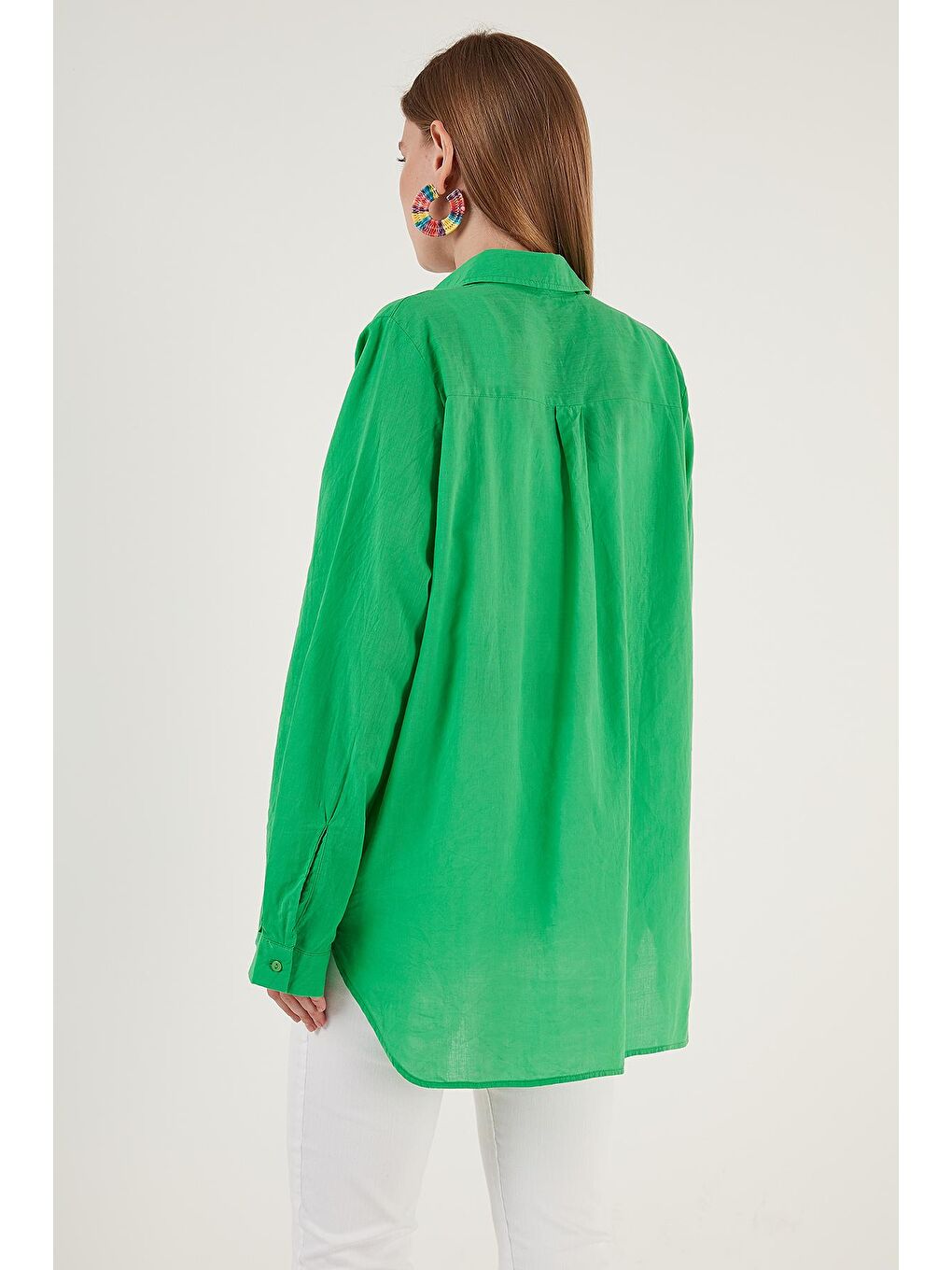 Yeşil Çift Cepli Keten Görünümlü % 100 Pamuk Oversize Gömlek 514407112-4