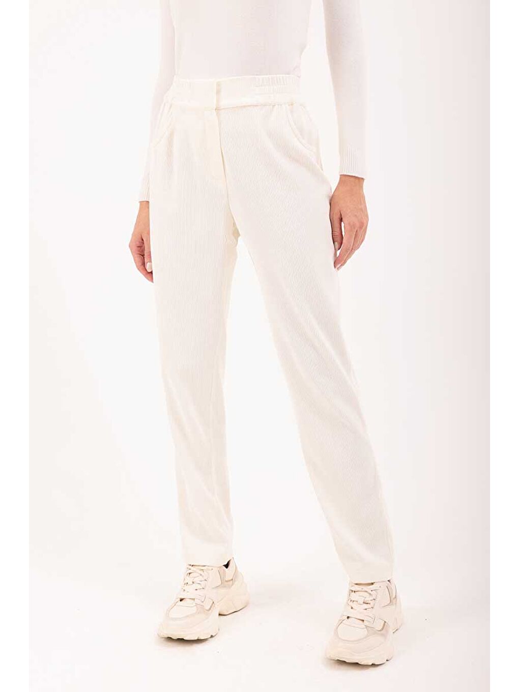Ekru Beli Lastikli Pantolon-3