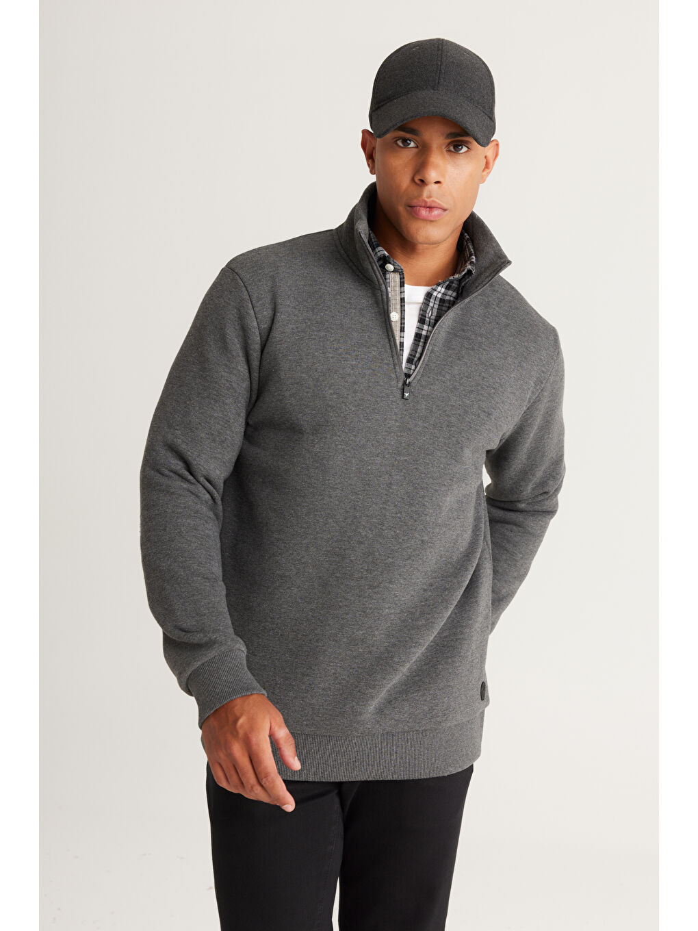 Erkek Antrasit-Melanj Standart Fit Normal Kesim İçi Polarlı Bato Yaka Pamuklu Sweatshirt-2