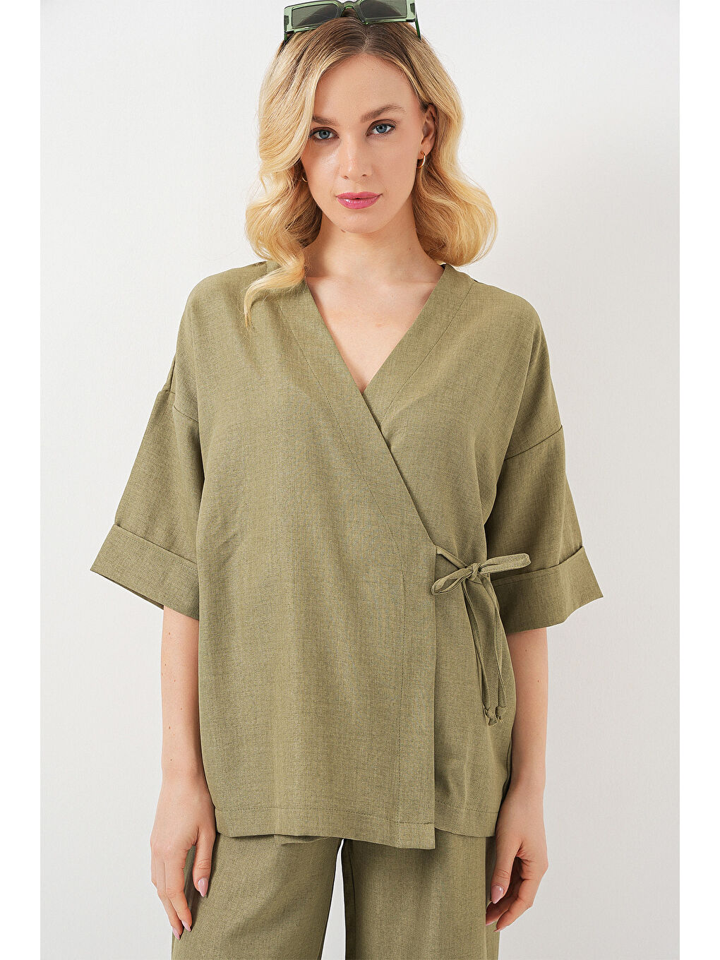 Yeşil Kadın Önü Bağlamalı Alt Üst Takım 6745 - Çağla-1