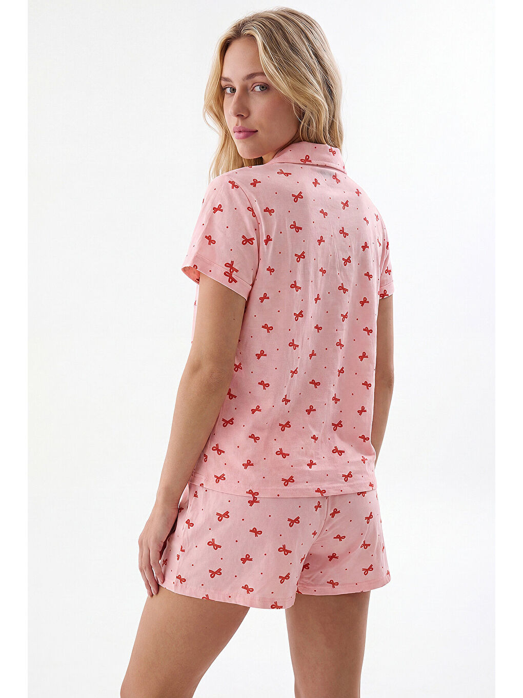 Pembe Somon Bow Önden Düğmeli Şortlu Pijama Takımı-1