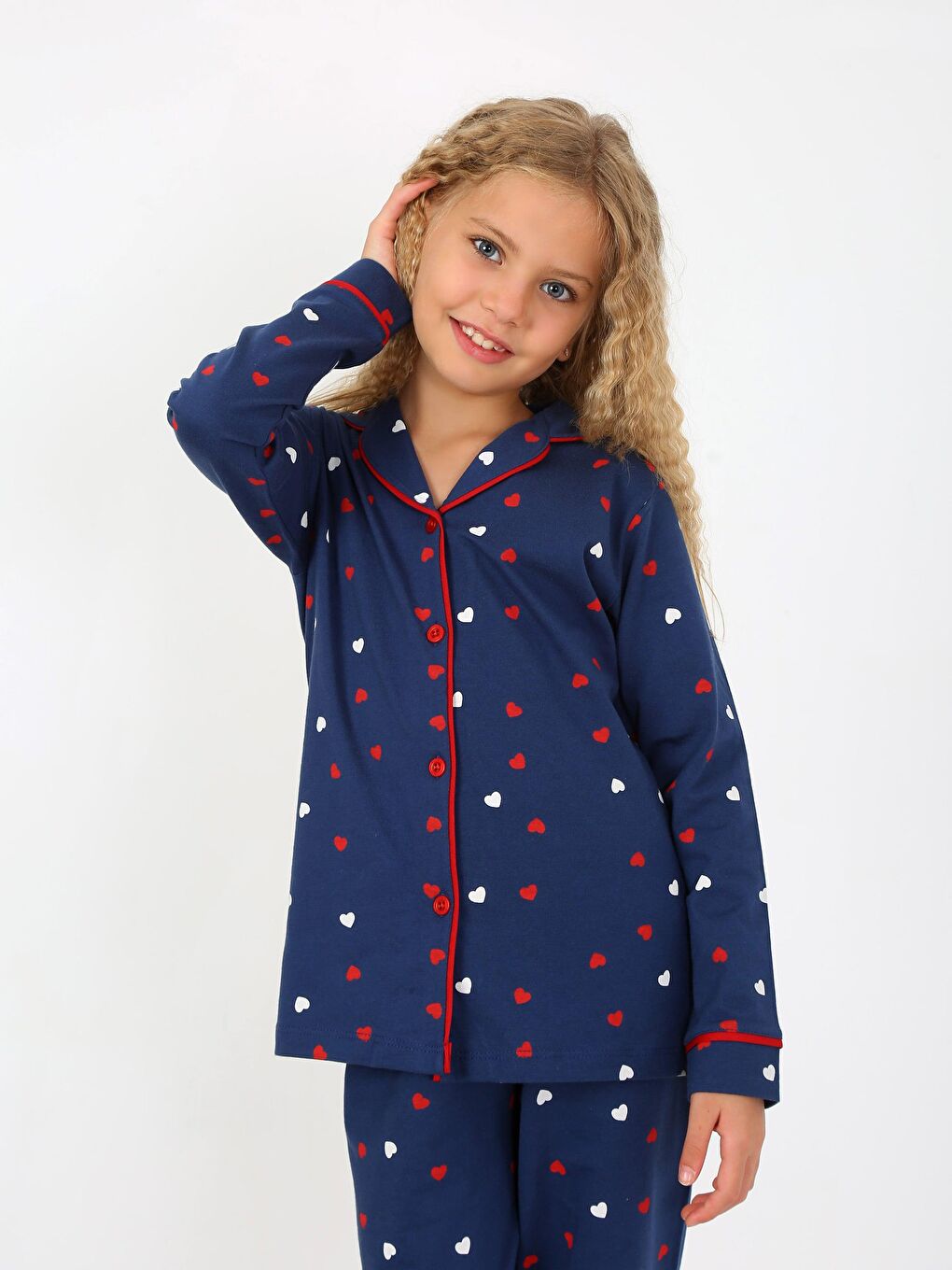 Vitmo Lacivert Kız Çocuk Uzun Kollu %100 Pamuklu Düğmeli Pijama Takımı Lovely