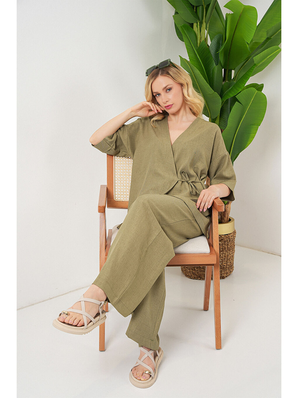 Yeşil Kadın Önü Bağlamalı Alt Üst Takım 6745 - Çağla-2