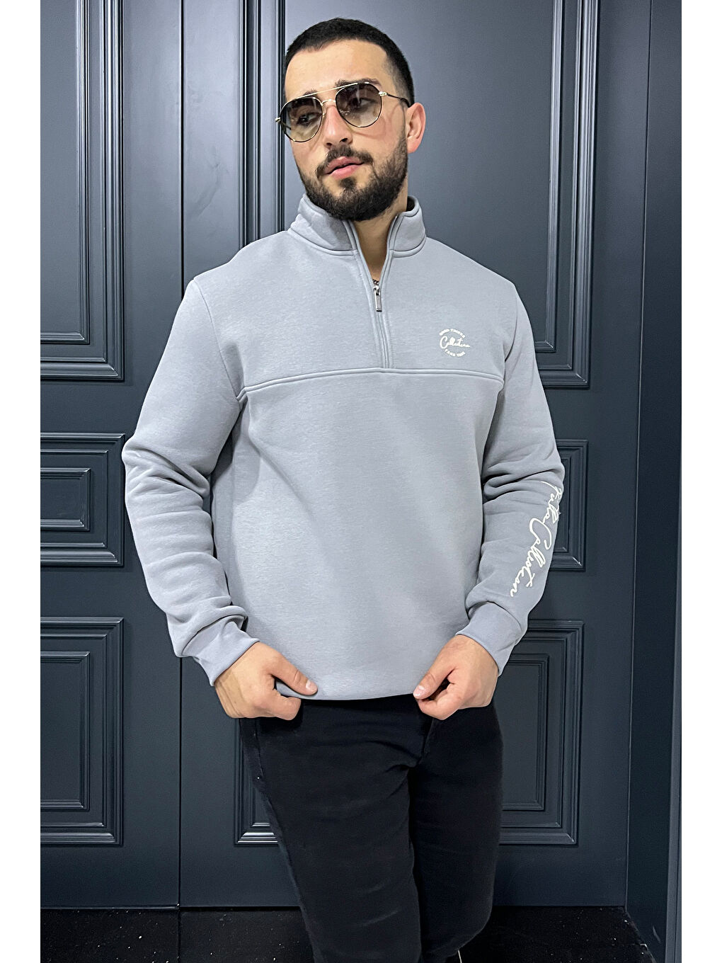 Mishar İtalia Gri Dik Yaka Yarım Fermuarlı Üç İplik Şardonlu Erkek Sweatshirt