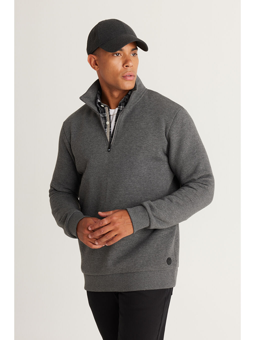 Erkek Antrasit-Melanj Standart Fit Normal Kesim İçi Polarlı Bato Yaka Pamuklu Sweatshirt-3