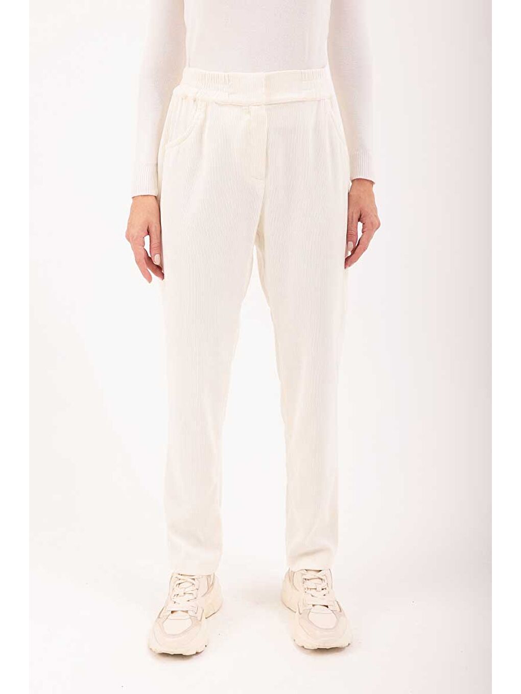 Ekru Beli Lastikli Pantolon-4