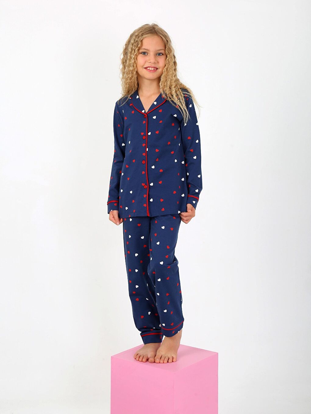 Vitmo Lacivert Kız Çocuk Uzun Kollu %100 Pamuklu Düğmeli Pijama Takımı Lovely - 2