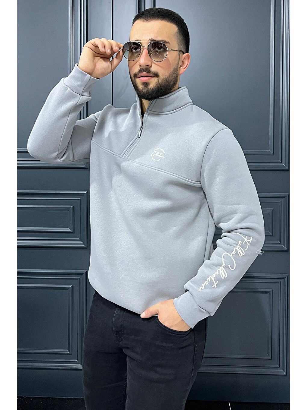 Mishar İtalia Gri Dik Yaka Yarım Fermuarlı Üç İplik Şardonlu Erkek Sweatshirt - 1